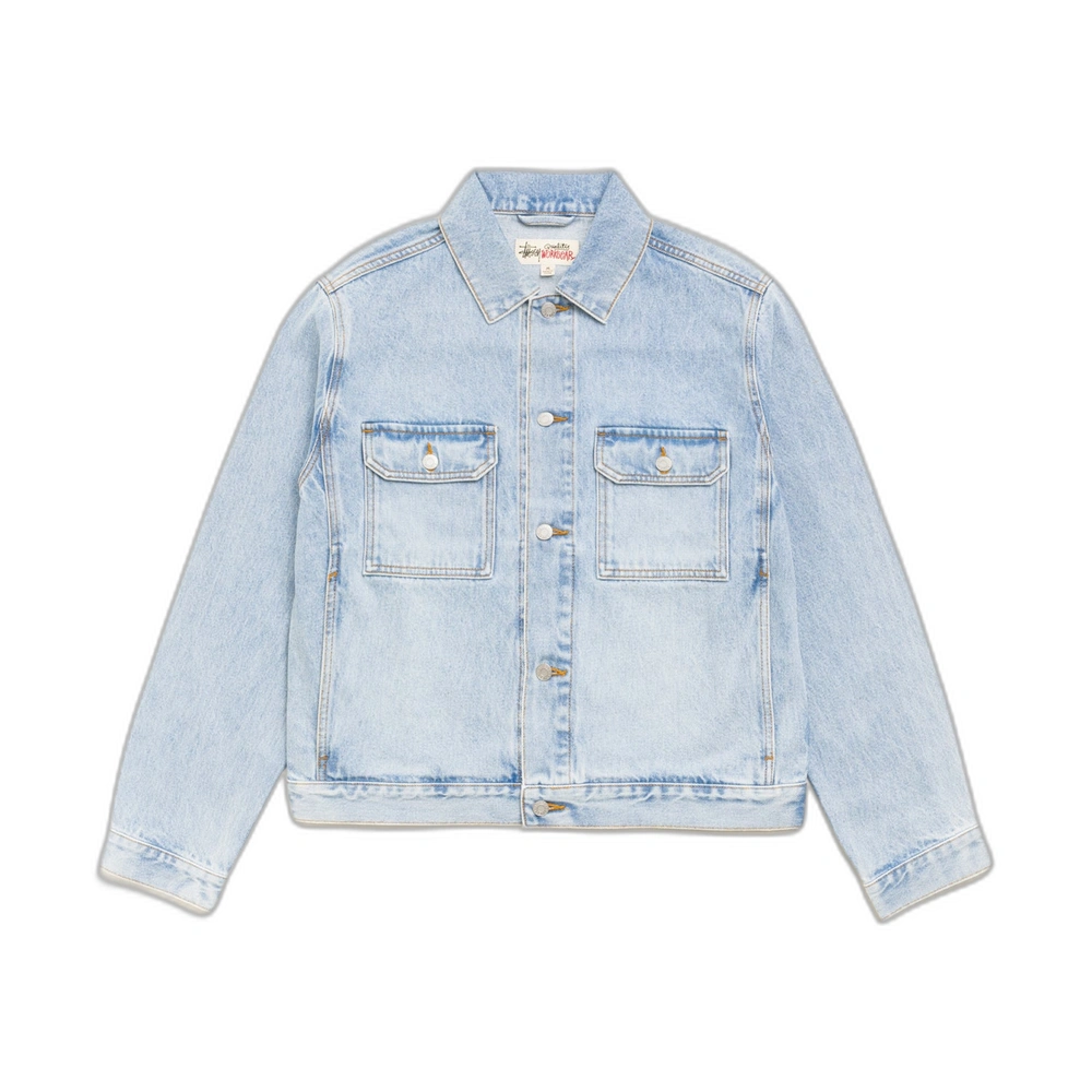 Stussy Denim Trucker Jacket Light Wash Indigo Front Stussy Denim Trucker Jacket Light Wash Indigo Front
