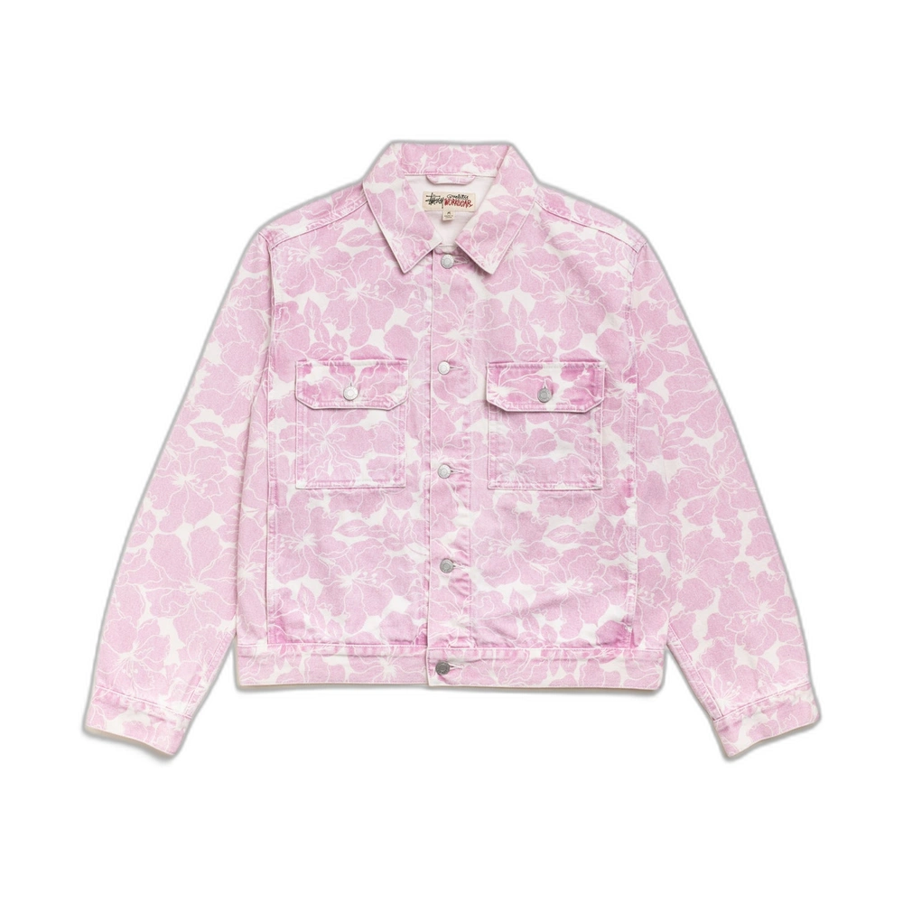 Stussy Denim Trucker Jacket Pink Hawaiian Front Stussy Denim Trucker Jacket Pink Hawaiian Front