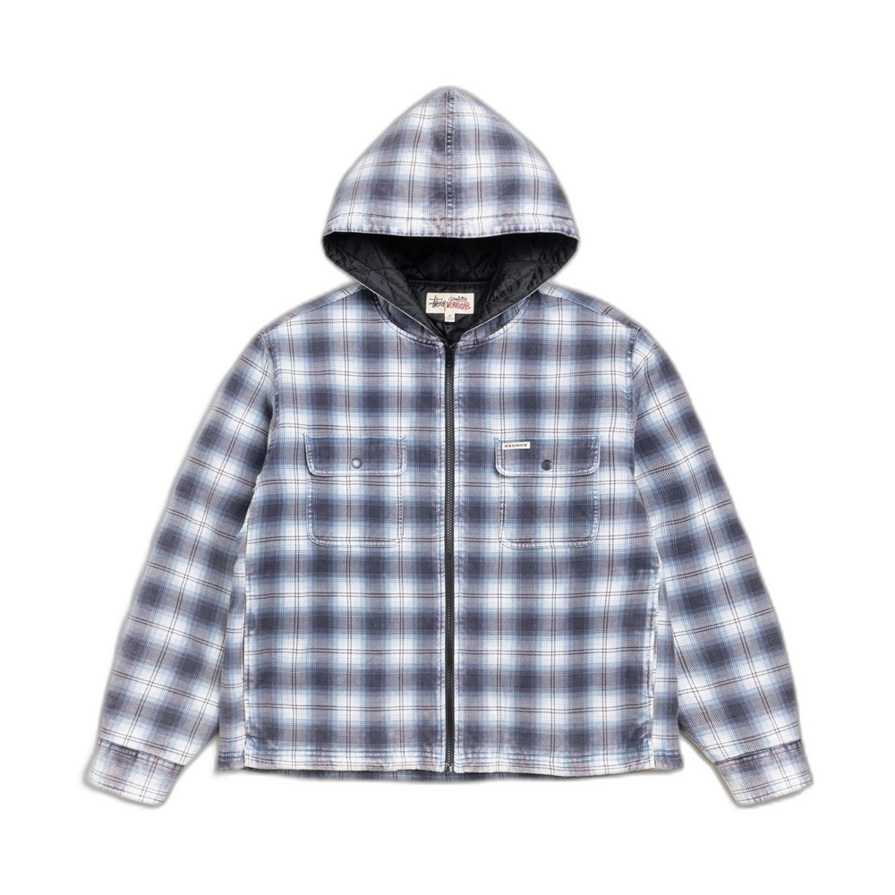 Stussy Zip Hooded Plaid Shirt Blue Front Stussy Zip Hooded Plaid Shirt Blue Front