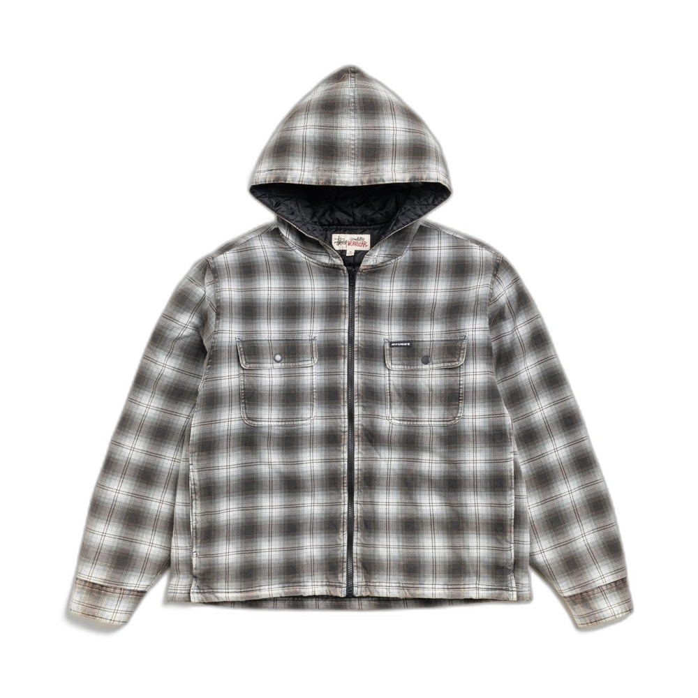 Stussy Zip Hooded Plaid Shirt Charcoal Front Stussy Zip Hooded Plaid Shirt Charcoal Front